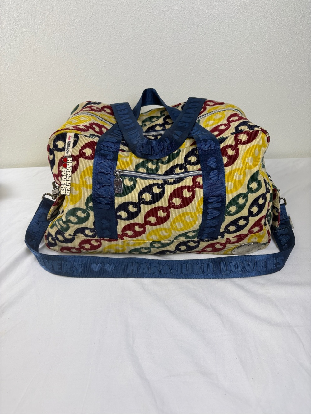Y2K vintage Harajuku Lovers Gwen Stefani multicolor chain-print weekender duffel
